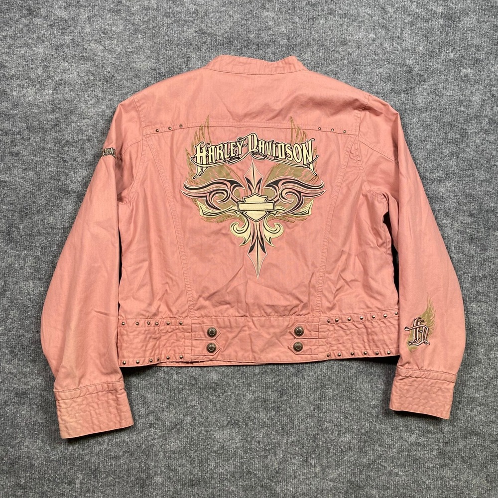 Harley-Davidson Womens‎ Pink Studded Embroidered Moto Biker Jacket Petite L